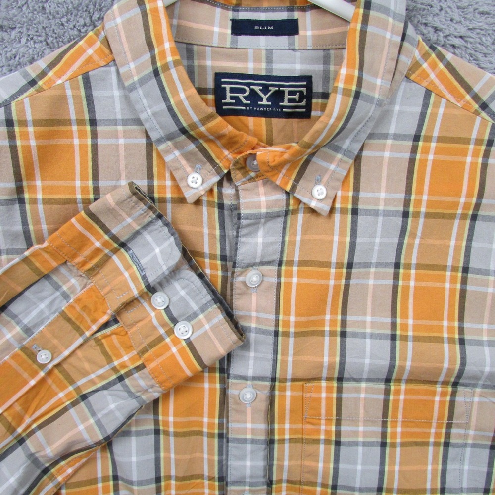 RYE By Hawker Rye Shirt‎ Mens Medium Orange Plaid Slim Long Sleeve Button Down